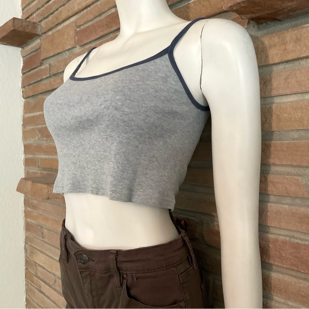 Brandy Melville Gray Cotton Cropped Tank Blue Trim